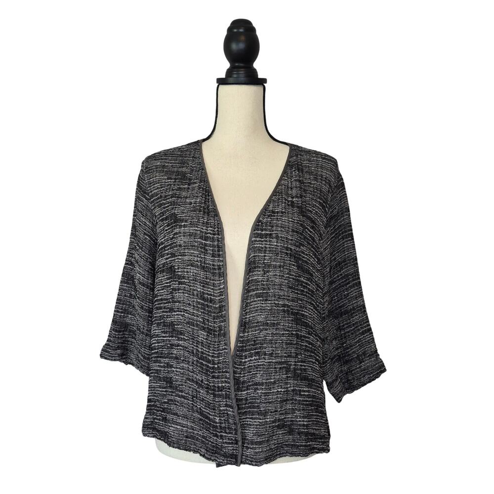 Eileen Fisher Open Front Linen Blend Cardigan Jacket Grey Black Textured Knit XL